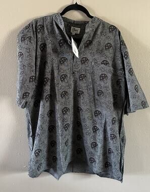 Rhea Mushroom Print Handmade Cotton Chambray Short Sleeve Shirt Gray XXL
